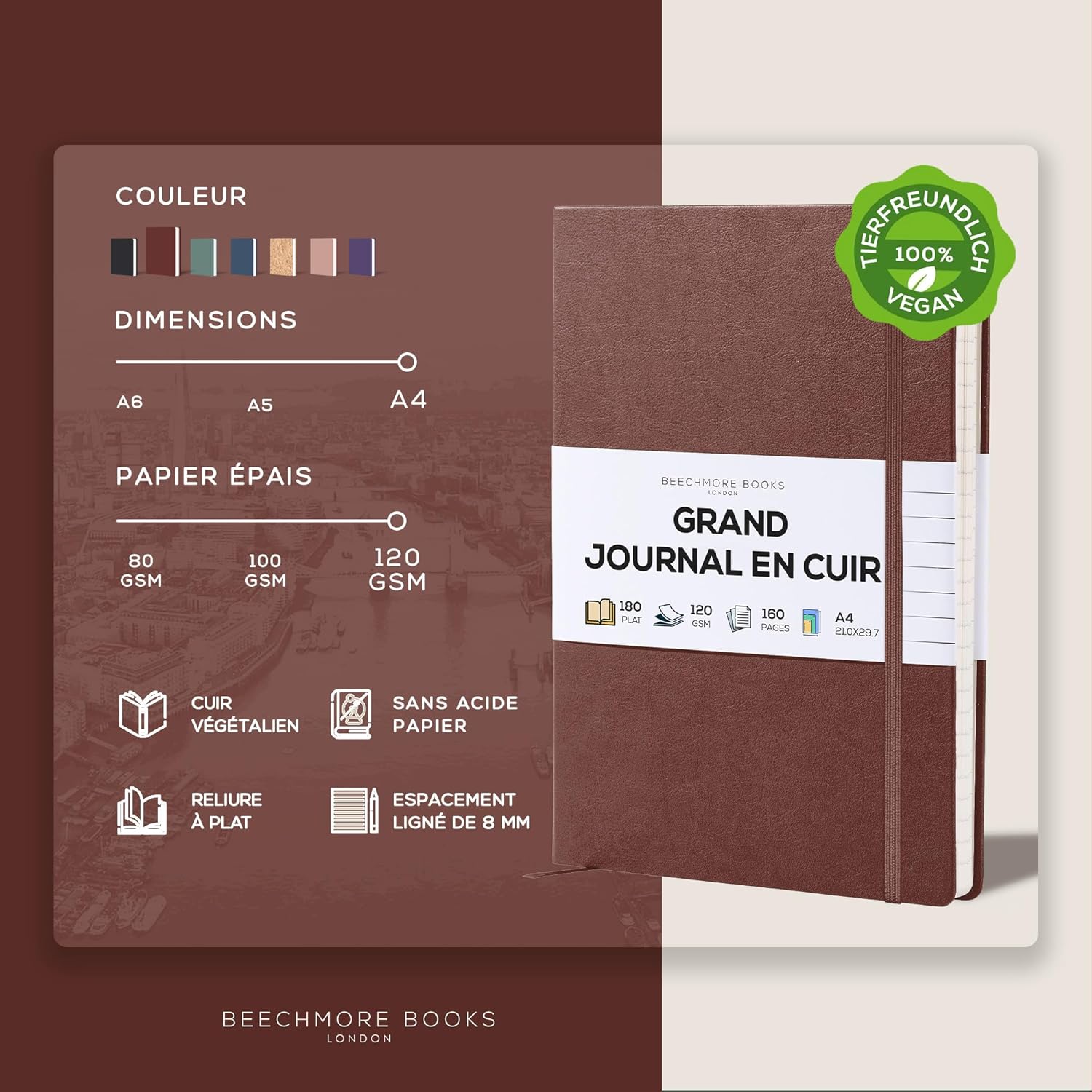 Détails de qualité du carnet premium A4 en cuir vegan : couverture rigide, finition soignée et papier épais